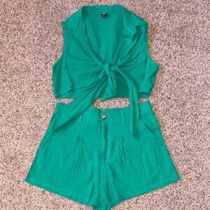 Green Tie-Front Crop Top and Shorts Set